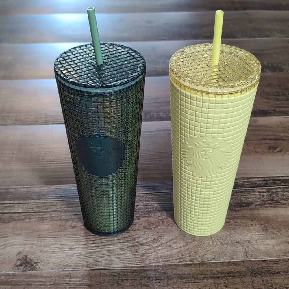 Starbucks Yellow & Green Matte Grid Venti (24oz) Cold Cup Tumblers